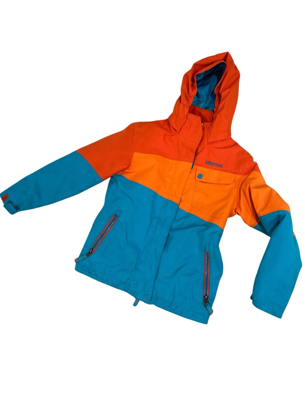 Marmot Orange & Teal Colorblock Hooded zip up ski Jacket kids medium - Picture 2 of 14